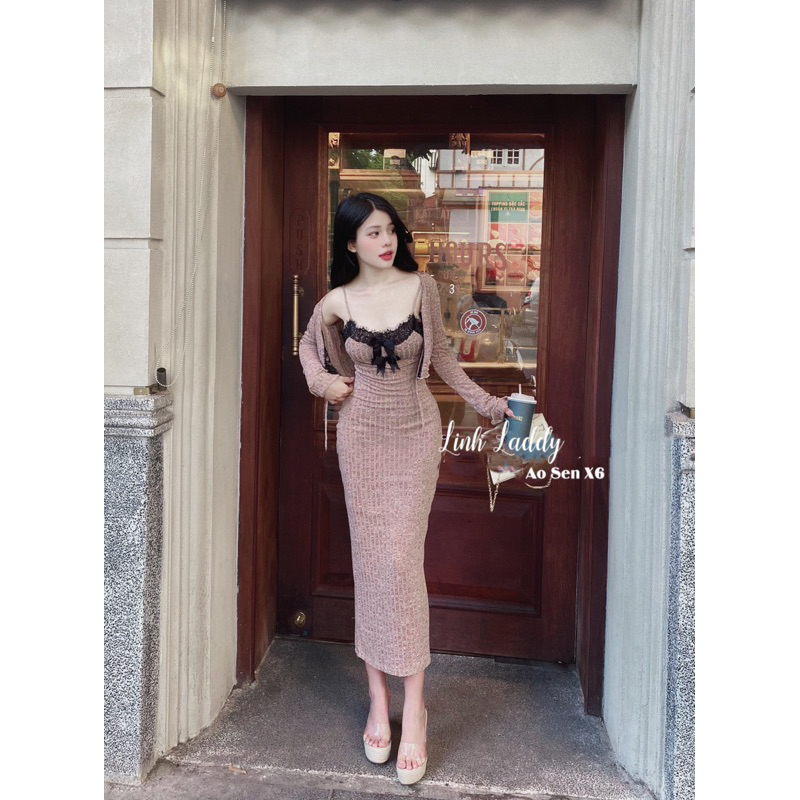 Set Váy Hai Dây Viền Ren Phối Áo Khoác Cardigan Chất Len Thỏ Tôn Dáng