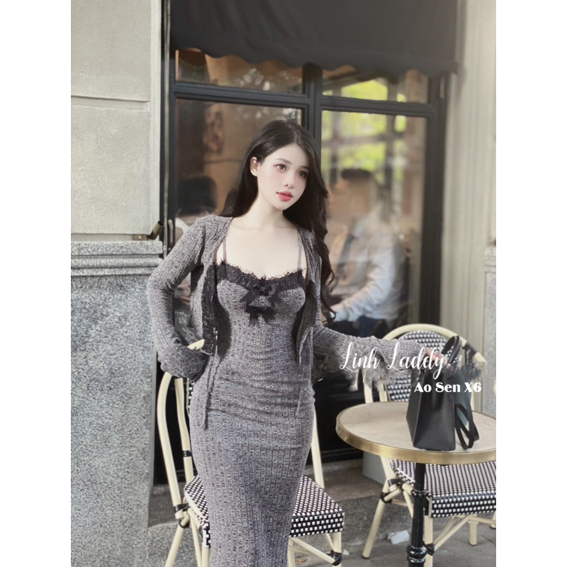 Set Váy Hai Dây Viền Ren Phối Áo Khoác Cardigan Chất Len Thỏ Tôn Dáng