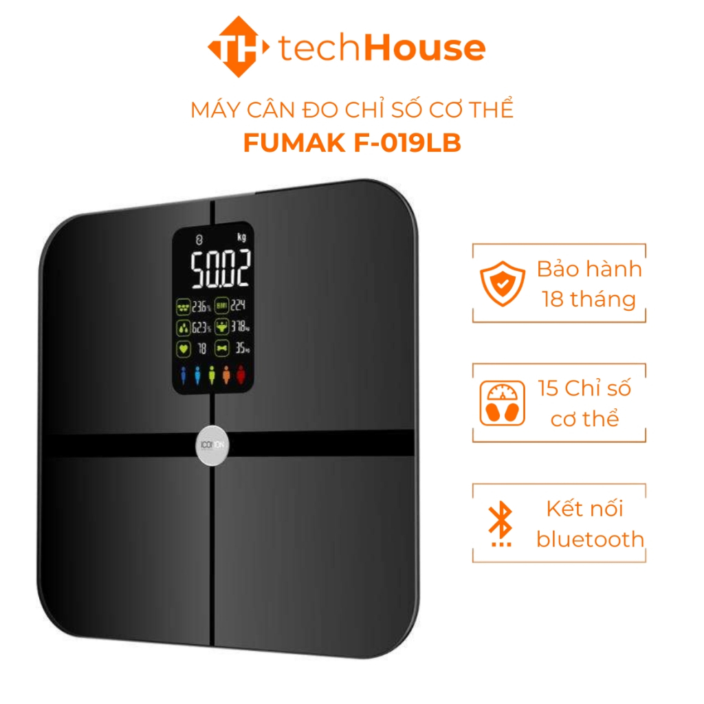 Máy Cân Đo Chỉ Số Cơ Thể Fumak Kết Nối Smart Phone F-019LB, 15 Chỉ Số Đo Cơ Thể, Bảo Hành 18 Tháng, Cân Sức Khỏe Fumak