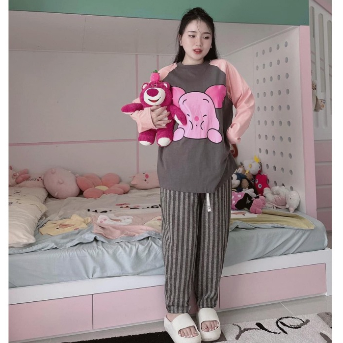 Set Bộ Đồ Nữ Gấu Pood Hồng Áo Dài Tay Phối Màu Hồng Đá Mix Quần Suông Dài Kẻ Len Dệt Ống Rộng Freesize