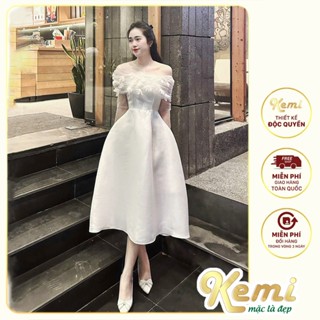 Đầm maxi dự tiệc, váy cô dâu đi bàn trễ vai dáng dài phối vai ống tay ren lưới nhũ, đính kết hoa voan Kemi