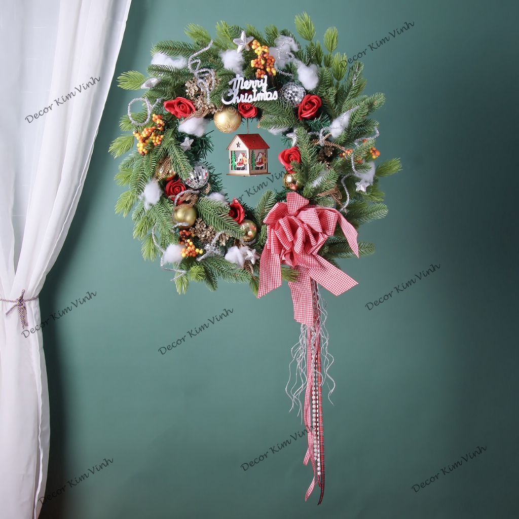 Vòng Hoa D152 60CM Trang Trí Noel Kèm Đèn, Vòng Nguyệt Quế Trang Trí Giáng Sinh