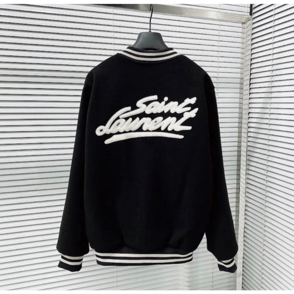 Áo Khoác Bomber Dạ Saint Laurent Nam Nữ Trơn Thêu Chữ Da Mặt Sau Bo Chun Kẻ Trắng Hai Lớp Bao Dày Dặn Đẹp Siêu Hot