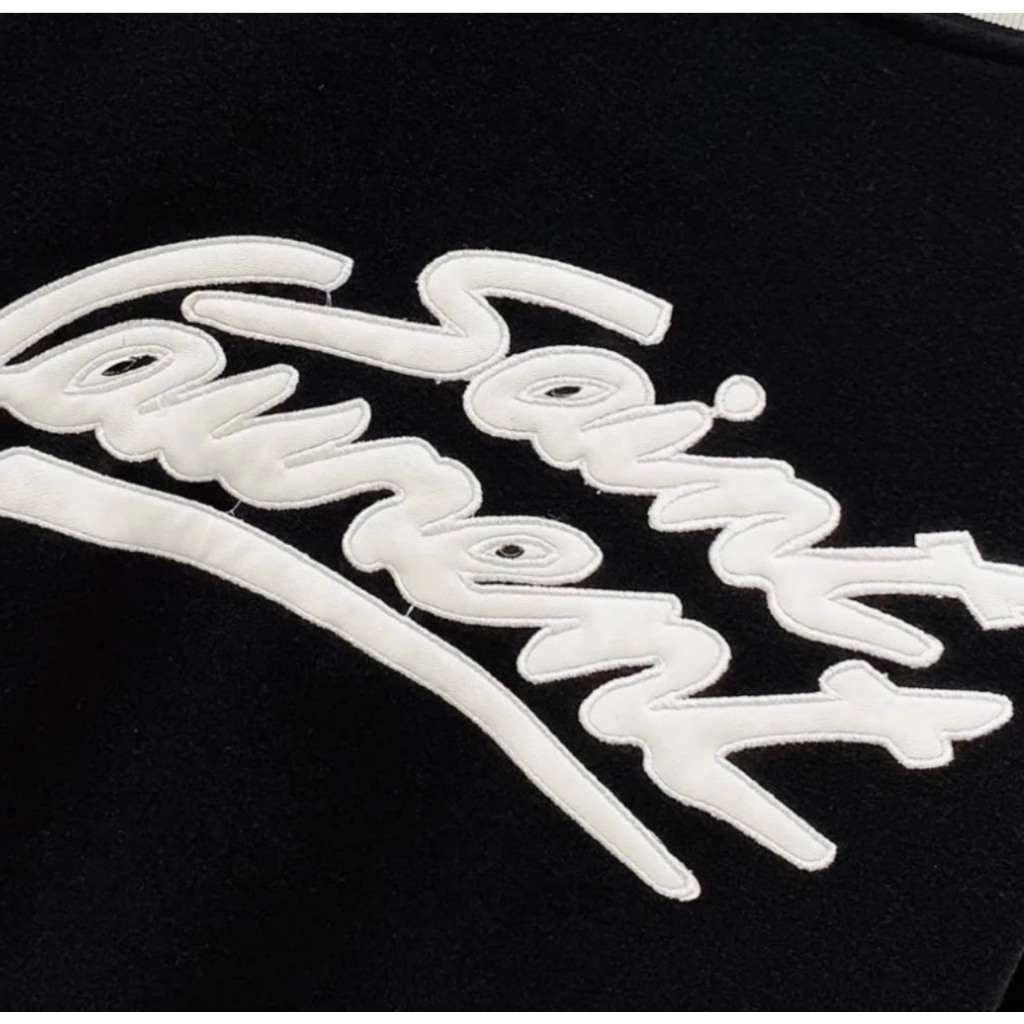 Áo Khoác Bomber Dạ Saint Laurent Nam Nữ Trơn Thêu Chữ Da Mặt Sau Bo Chun Kẻ Trắng Hai Lớp Bao Dày Dặn Đẹp Siêu Hot