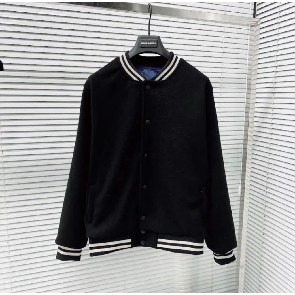 Áo Khoác Bomber Dạ Saint Laurent Nam Nữ Trơn Thêu Chữ Da Mặt Sau Bo Chun Kẻ Trắng Hai Lớp Bao Dày Dặn Đẹp Siêu Hot