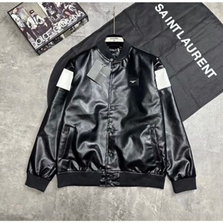 Áo Khoác Da Nam Dolce Bomber Jacket Đen Trơn Thêu Logo Ngực Phối Sọc Trắng Hai Tay Lót Gió Boy Phố Siêu Hot