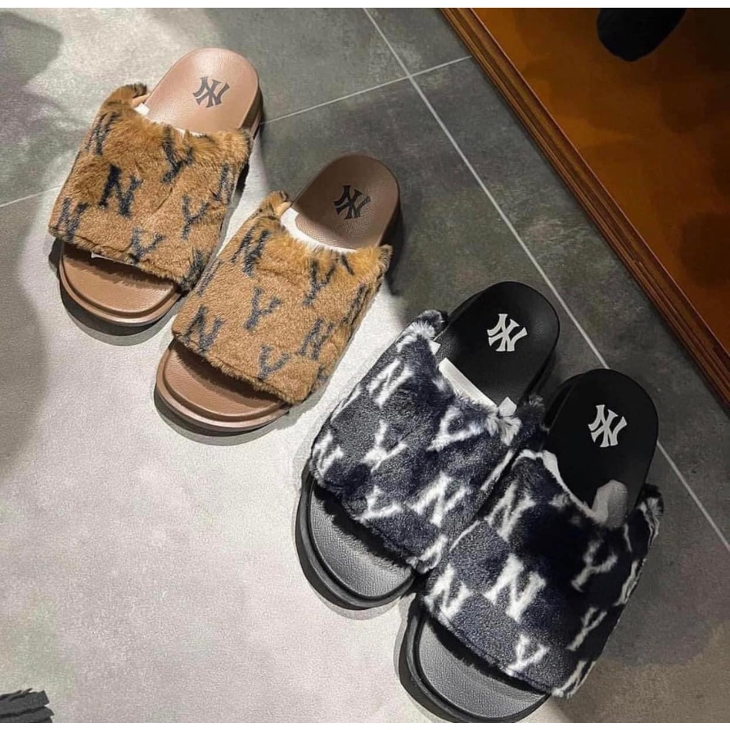 Dép Lông Chính Hãng MLB Chunky Mound Fur Winter New York Yankees 3Alpsws26 Màu Nâu Màu Đen