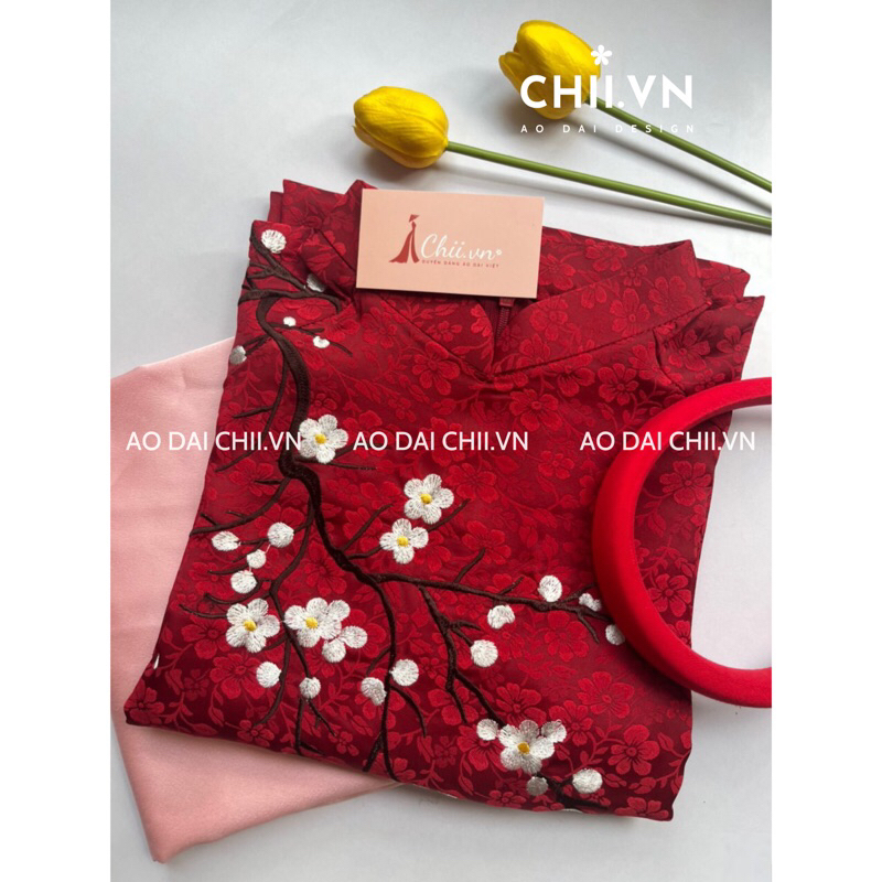 Áo Dài Cách Tân Mai Chi Dáng Suông Màu Đỏ