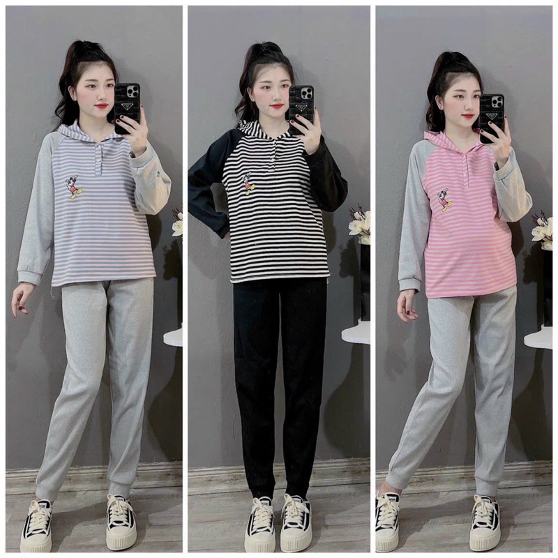 Bộ Nỉ Da Cá Mickey Phối Mũ Cho Mẹ Bầu Thu Đông