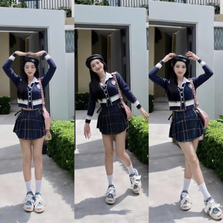 Set Váy Học Sinh Áo Len Phối Cổ Sơ Mi Chân Váy Tennis Kẻ Caro Dáng Ngắn Trẻ Trung Năng Động Phong Cách Học Sinh Hàn Quốc
