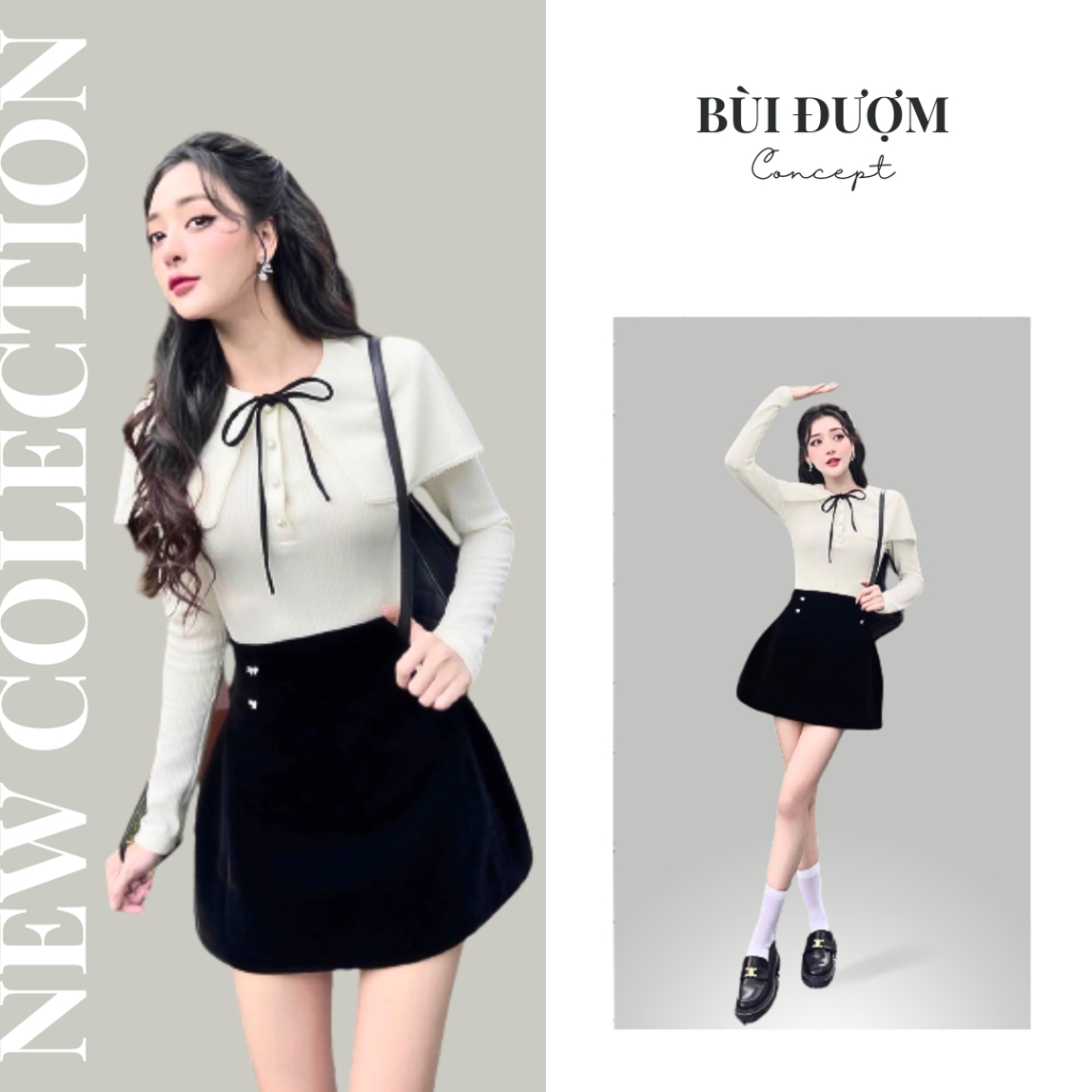 Set Váy Len Tăm Dài Tay Buộc Dây Nơ Cổ Phủ Vai Mix Chân Váy Chữ A Trẻ Trung Năng Động Siêu Dễ Thương Tôn Dáng Bùi Đượm