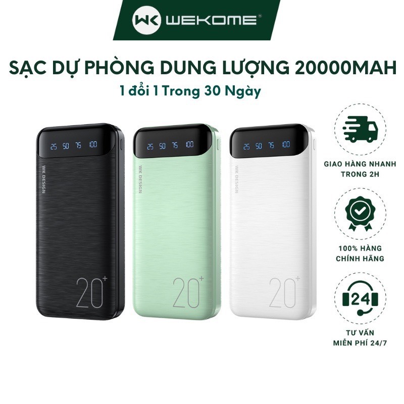 Pin sạc dự phòng dung lượng 20000mah WP163, pin tích điện nhỏ gọn cho điện thoại,màn hình lead hiển thị phần trăm pin...