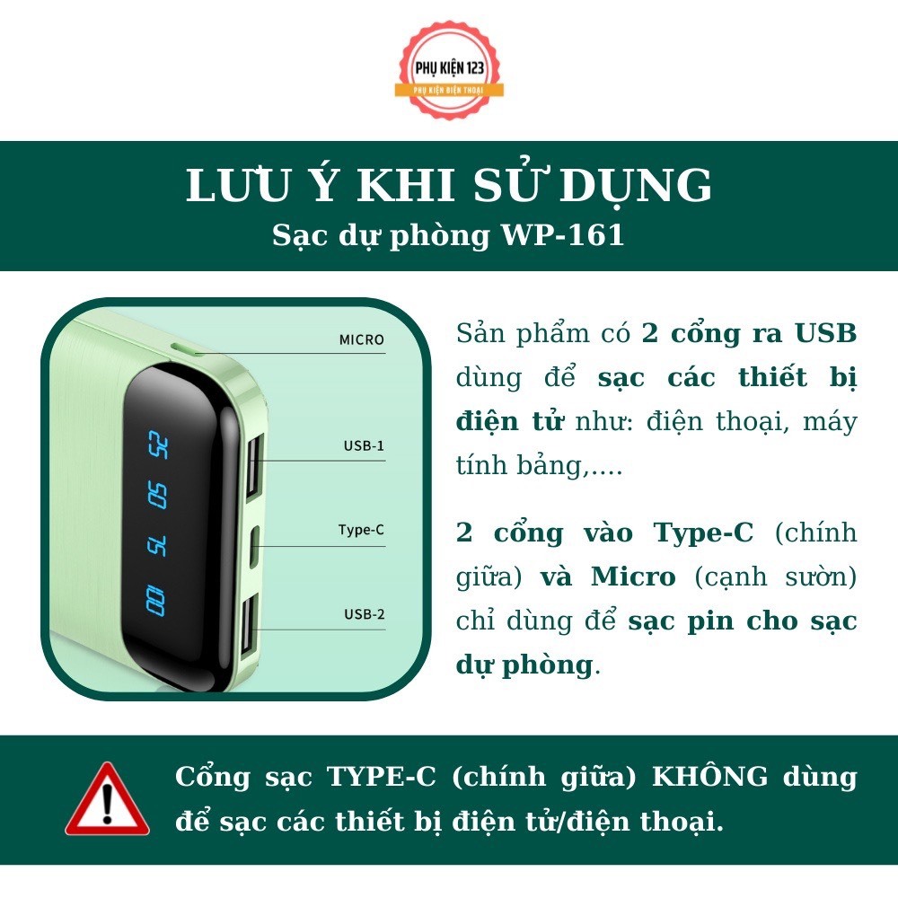 Pin sạc dự phòng dung lượng 20000mah WP163, pin tích điện nhỏ gọn cho điện thoại,màn hình lead hiển thị phần trăm pin...