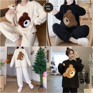 Bộ Bông Gấu Nâu, Bộ Đồ Ngủ Lông Nỉ Giữ Nhiệt Mặc Nhà Siêu Ấm Có Size