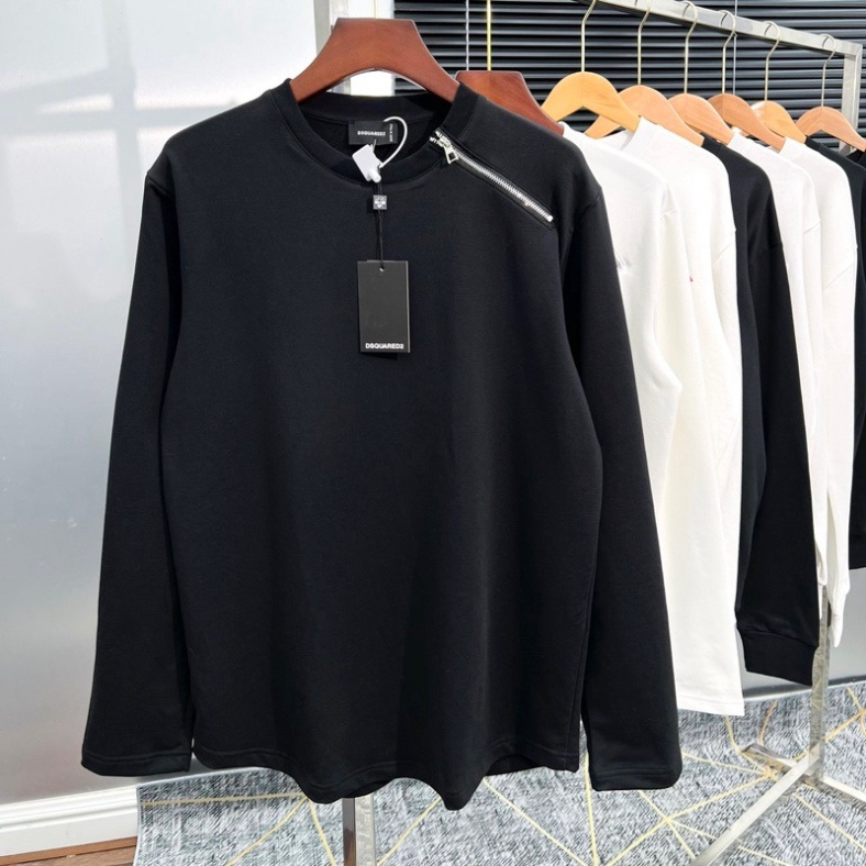 Áo nỉ sweater nam nữ Dsq2 đuôi tôm trơn thêu khoá zip chéo cổ kiểu dáng đơn giản basic