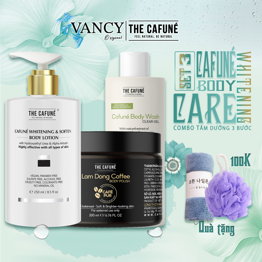 Combo Kem Body Trắng Da, Sữa Tắm Nước Hoa Niacinamide, Tẩy Tế Bào Chết Cà Phê The Cafuné Tắm Dưỡng Toàn Diện, Vancy