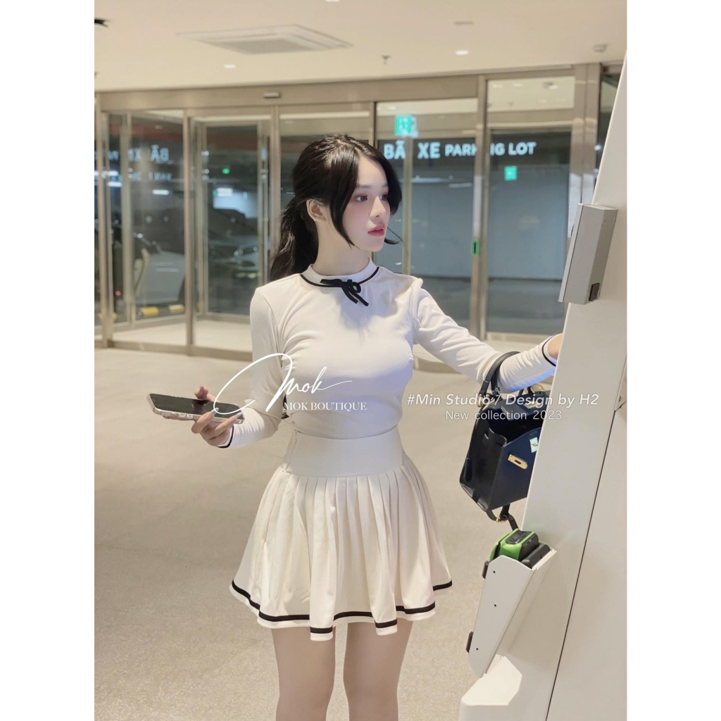 Set đồ nữ Set áo len tăm dài tay thắt nơ mix chân váy dập ly siêu hot