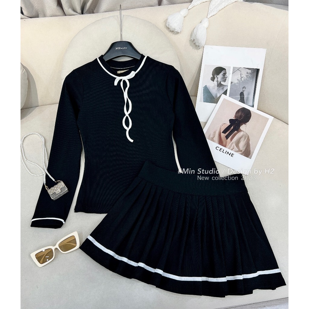 Set đồ nữ Set áo len tăm dài tay thắt nơ mix chân váy dập ly siêu hot