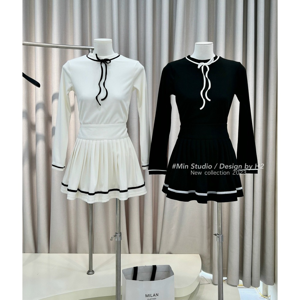 Set đồ nữ Set áo len tăm dài tay thắt nơ mix chân váy dập ly siêu hot