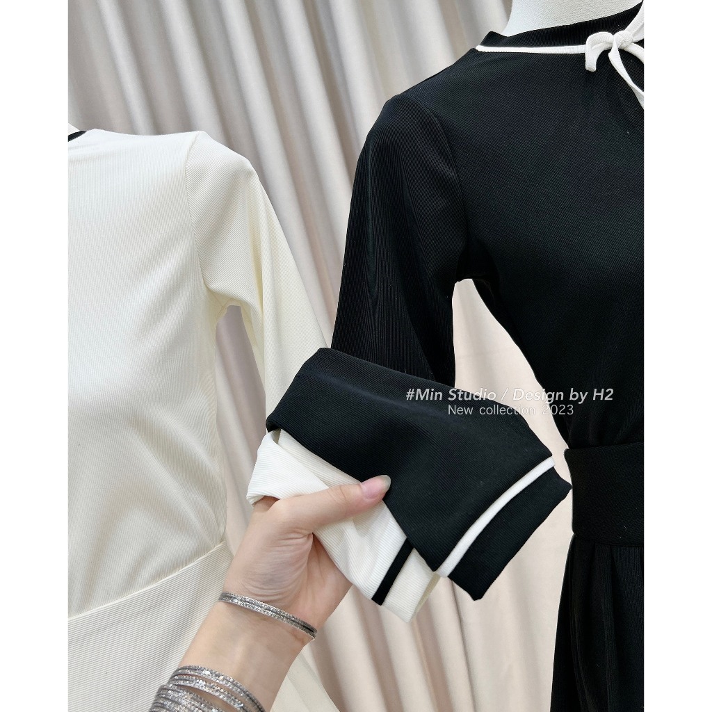 Set đồ nữ Set áo len tăm dài tay thắt nơ mix chân váy dập ly siêu hot