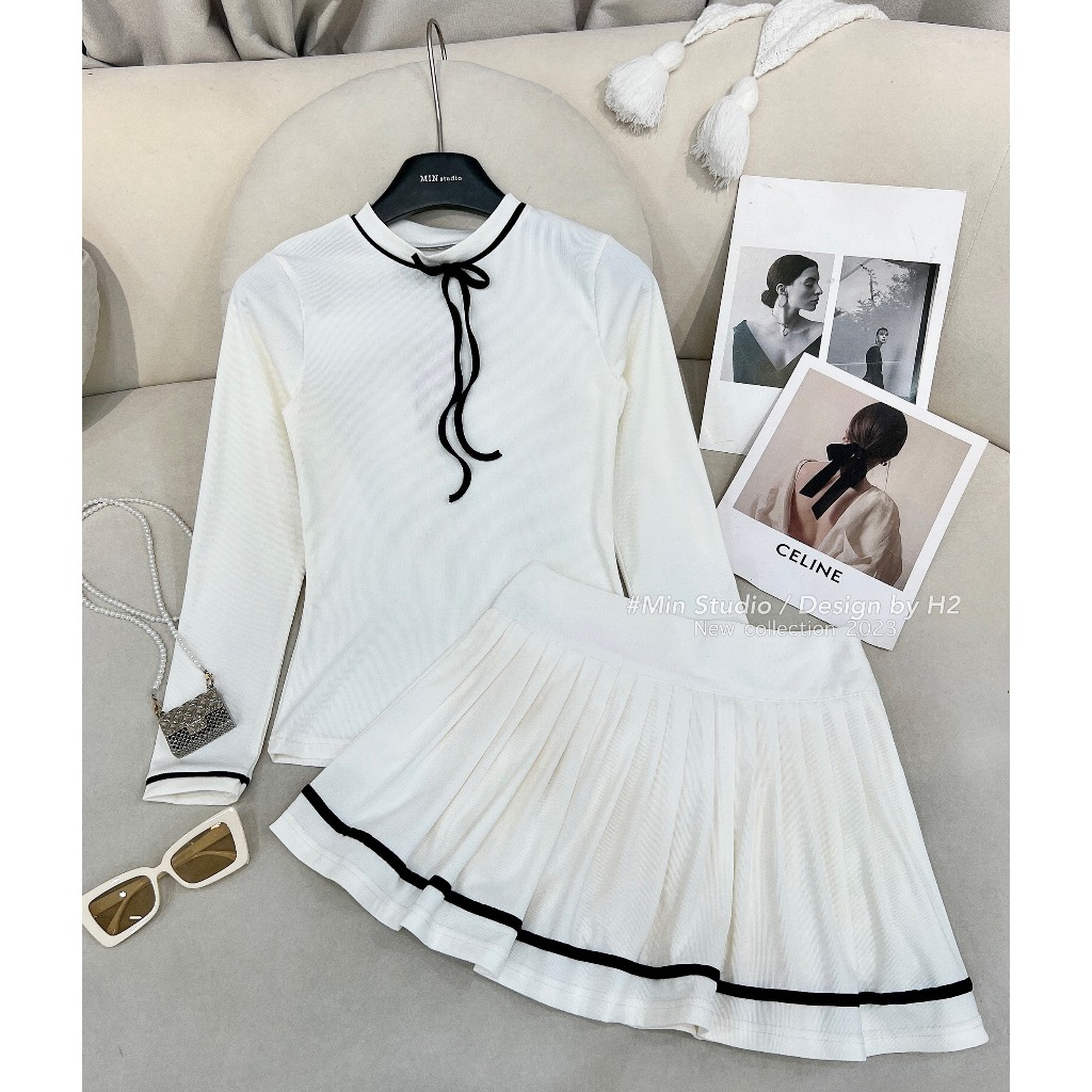 Set đồ nữ Set áo len tăm dài tay thắt nơ mix chân váy dập ly siêu hot