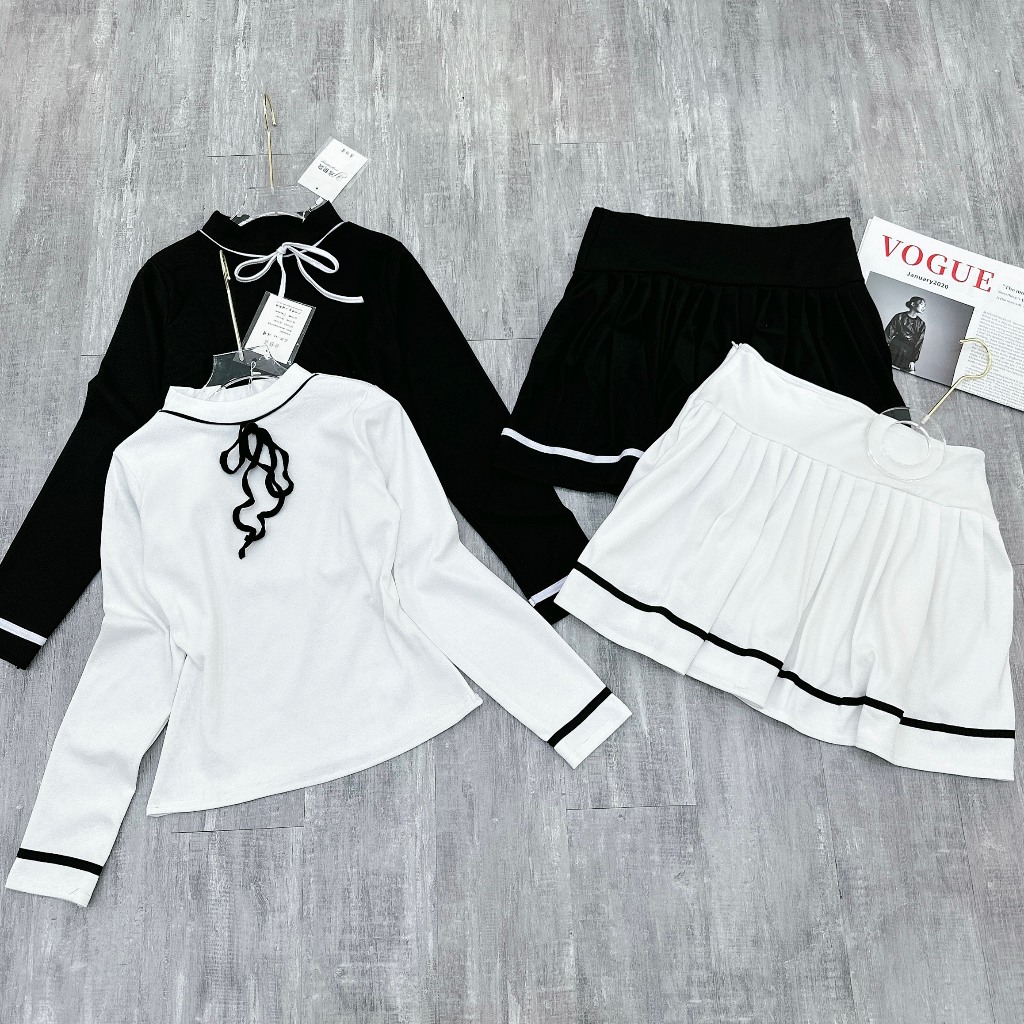 Set đồ nữ Set áo len tăm dài tay thắt nơ mix chân váy dập ly siêu hot