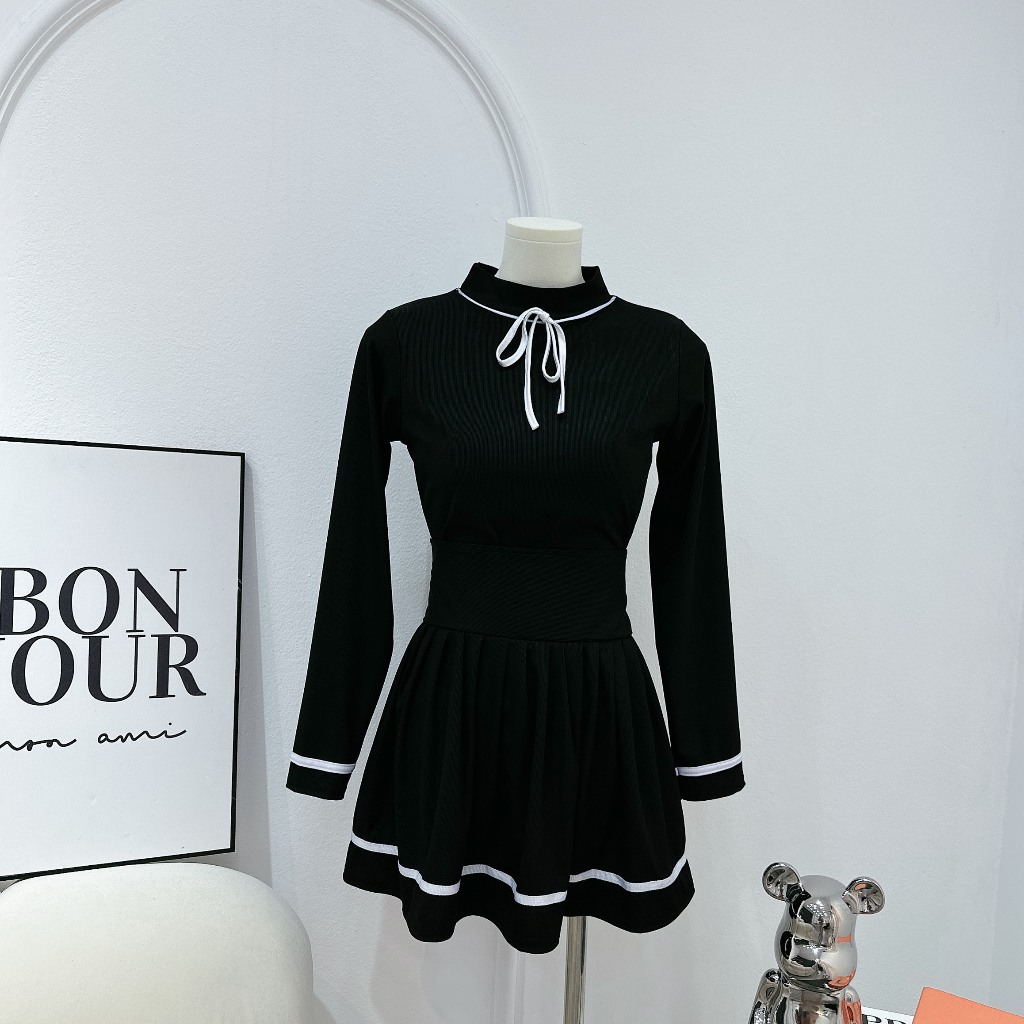 Set đồ nữ Set áo len tăm dài tay thắt nơ mix chân váy dập ly siêu hot