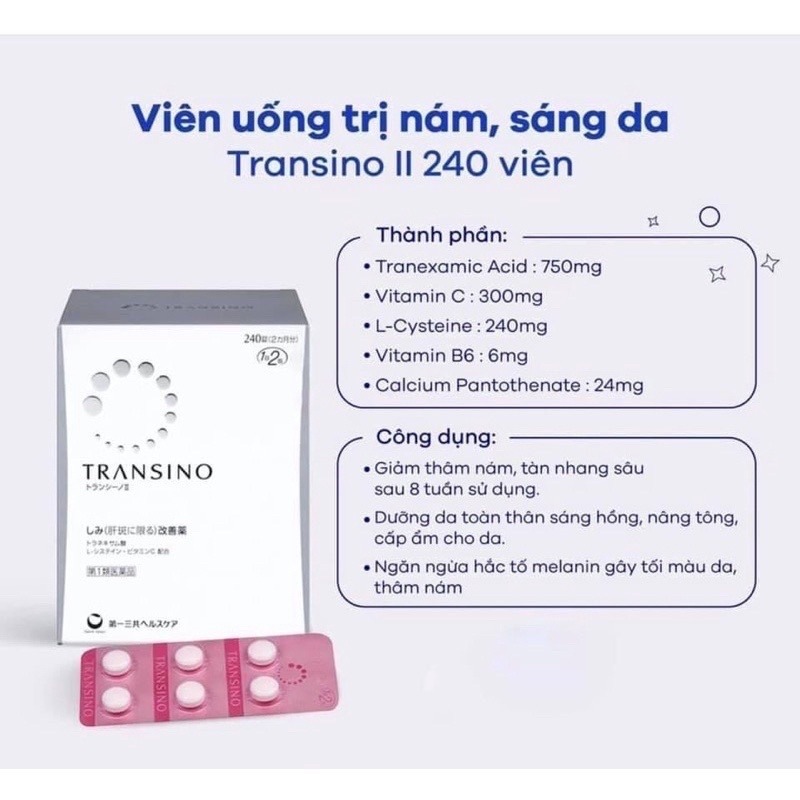 [Date 2026] Viên Uống Transino Trắng Da Mờ Nám Tàn Nhang Whitening Nhật Bản  240 Viên