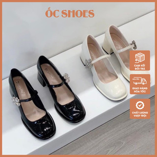 Giày cao gót mũi vuông marry jane quai đá ngang gắn hoa, giày bít gót, gót vuông 7cm mã OC 0921