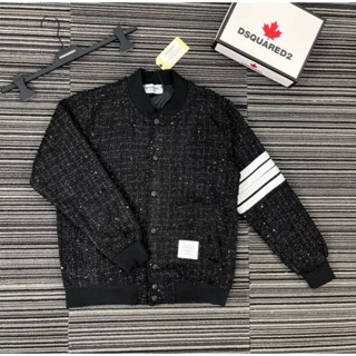 Áo Khoác Bomber Nam Nữ Vải Dạ Đan Kim Tuyến Thêu 4 Sọc Trắng Ông Tay Logo Chữ Lót Gió Trong Siêu Hot Nam Nư