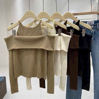  Áo len trễ vai cổ yếm dài tay thu đông len tăm 200 