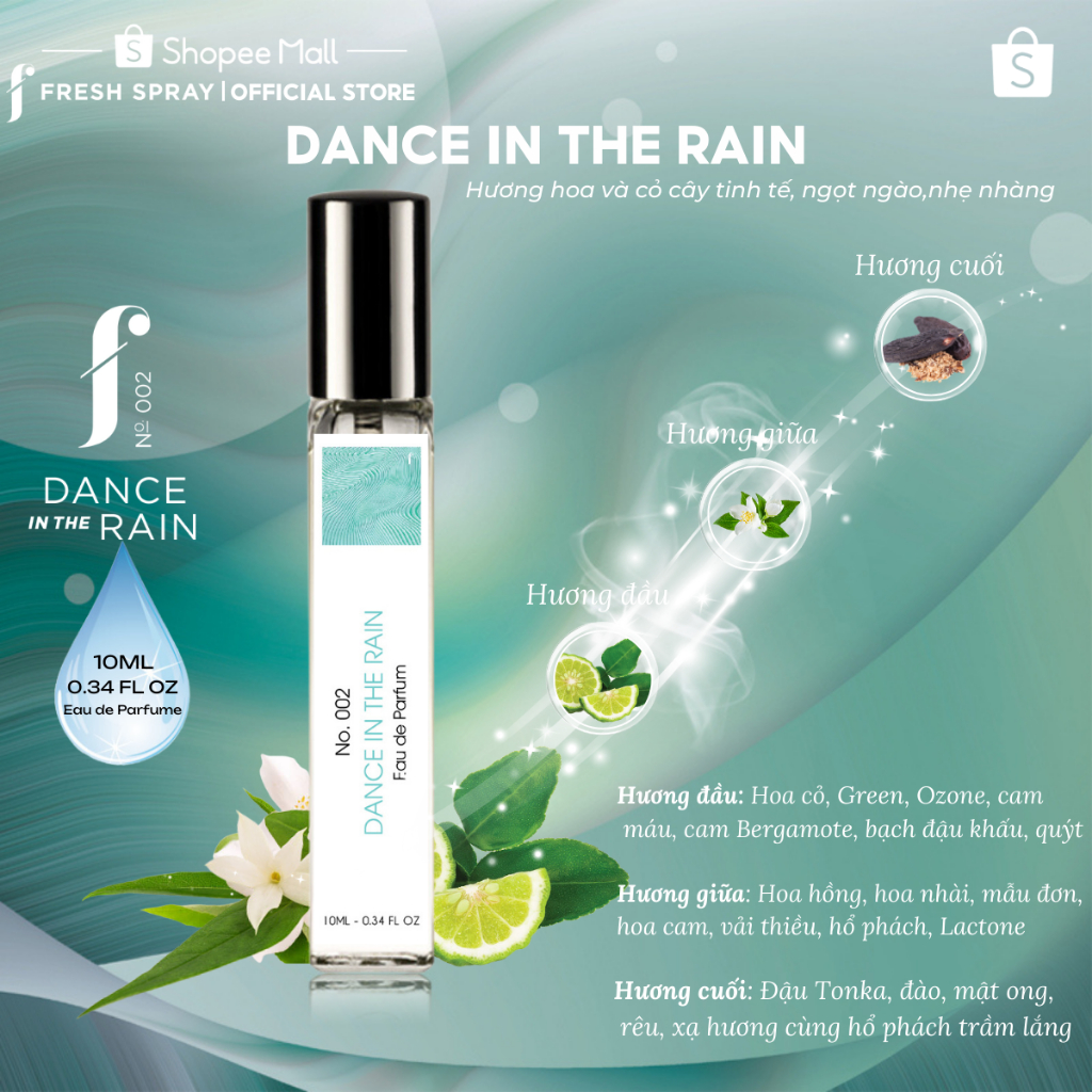 Nước Hoa F Fresh Spray, Dance In The Rain No.002 Hương Hoa Và Cỏ Cây Tinh Tế, Ngọt Ngào, Nhẹ Nhàng, Mini Size 10ML