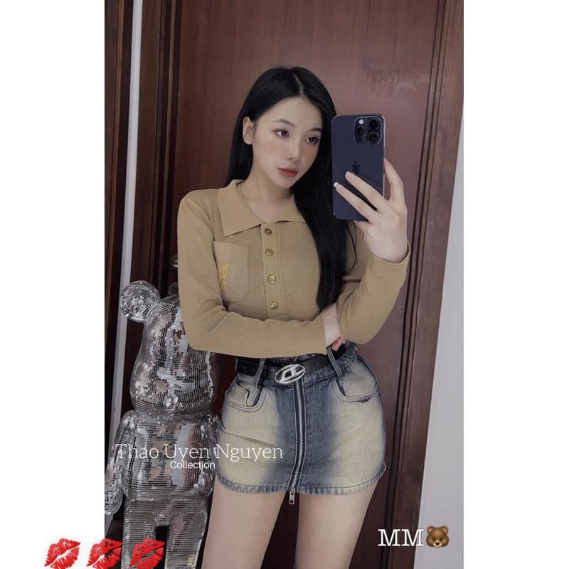 Áo len mềm cổ bẻ cài cúc túi Y.SL 4 màu