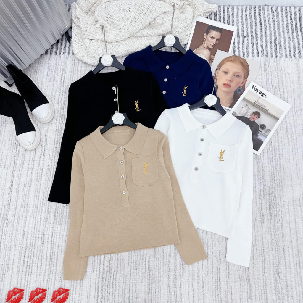 Áo len mềm cổ bẻ cài cúc túi Y.SL 4 màu