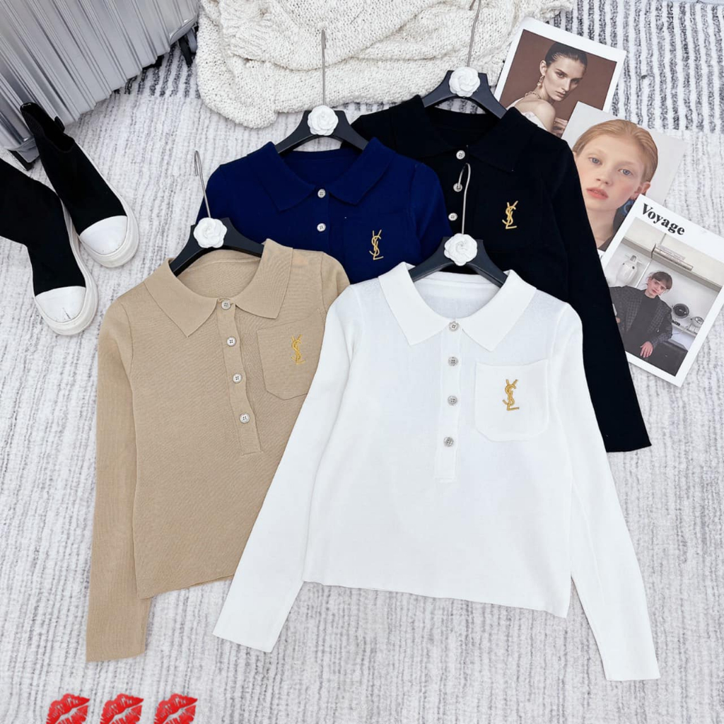 Áo len mềm cổ bẻ cài cúc túi Y.SL 4 màu