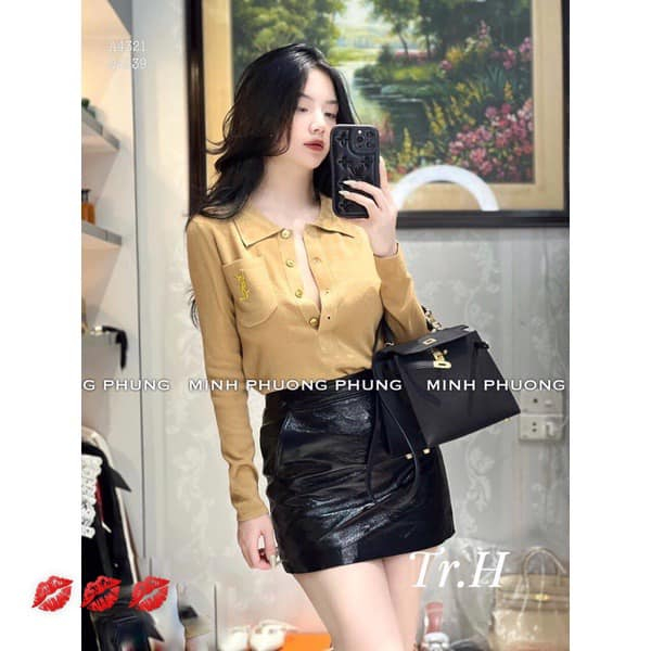 Áo len mềm cổ bẻ cài cúc túi Y.SL 4 màu