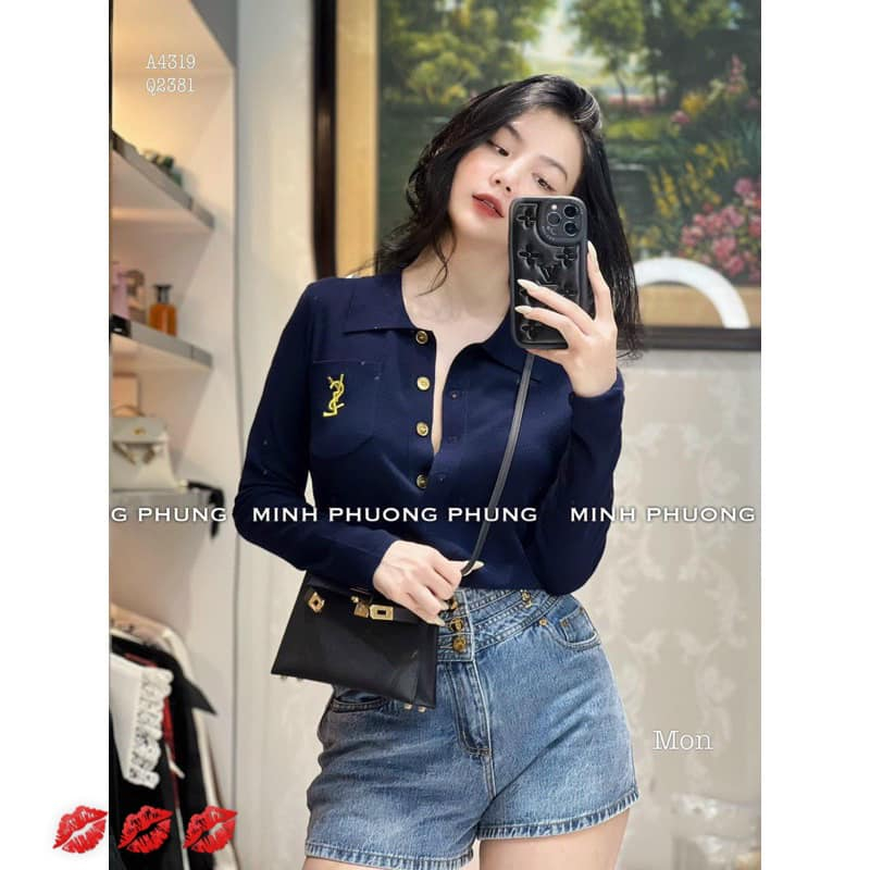 Áo len mềm cổ bẻ cài cúc túi Y.SL 4 màu