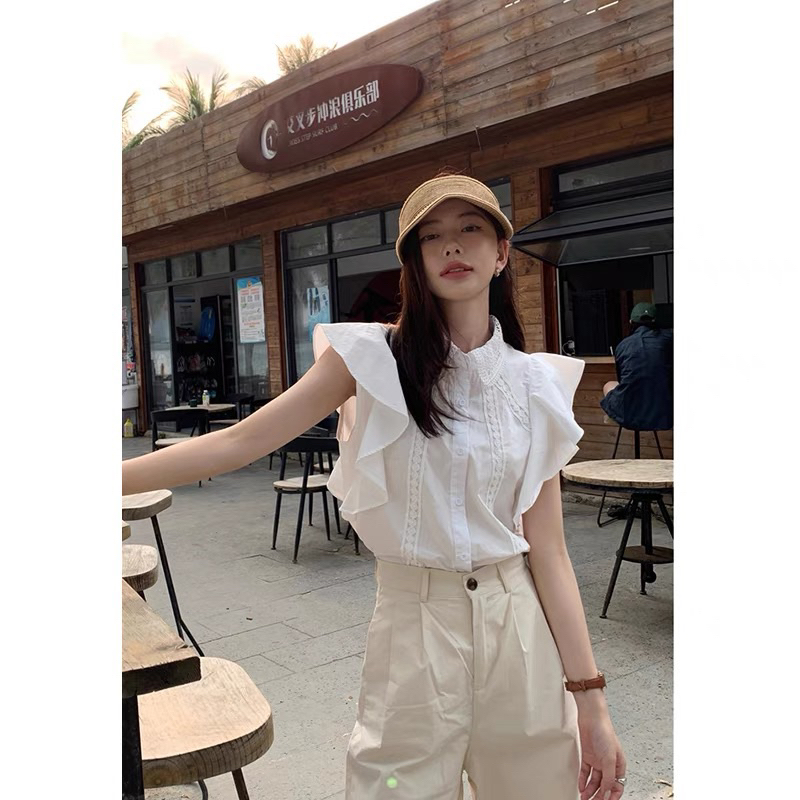 Áo sơ mi cánh tiên ngắn tay có ren chất vải thô lụa