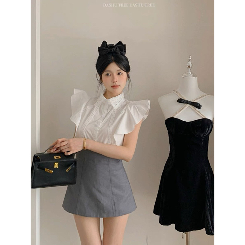 Áo sơ mi cánh tiên ngắn tay có ren chất vải thô lụa