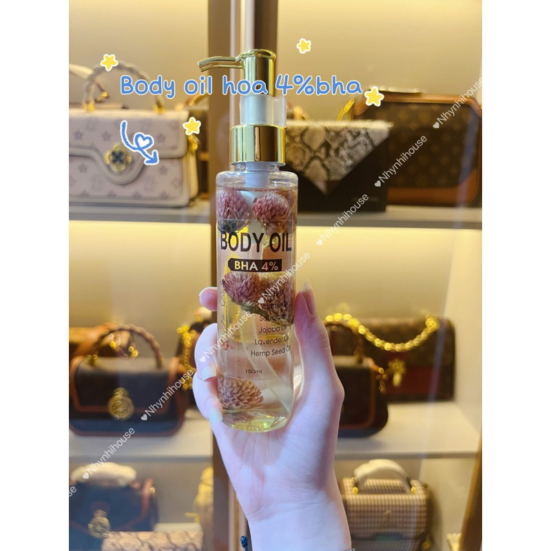 DẦU DƯỠNG DA BODY OIL 4% BHA có hoa khô - hàng xịn - mùi dịu nhẹ không nhờn rít
