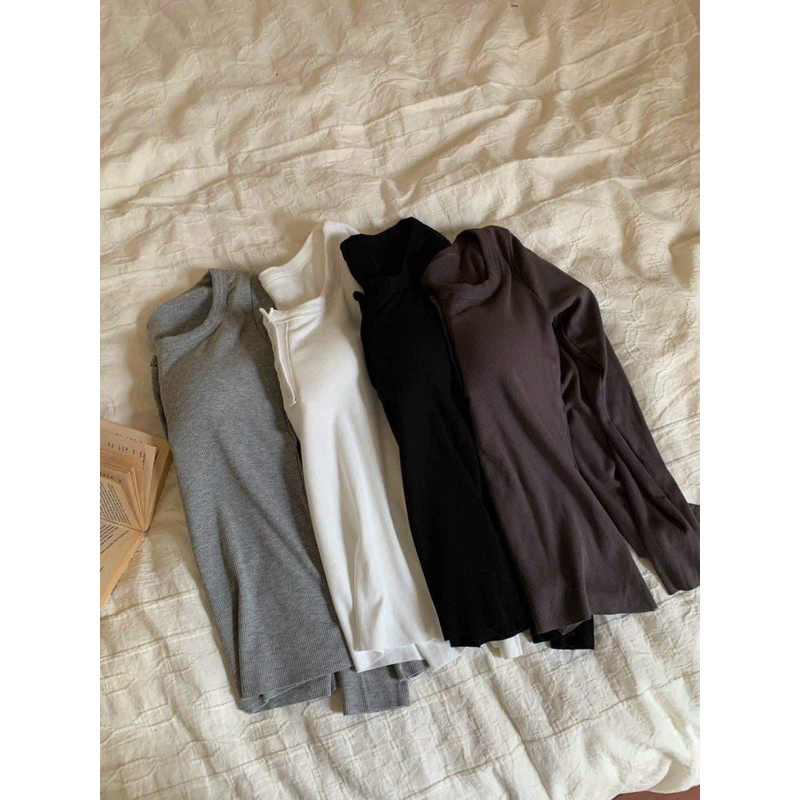 Áo bra dài tay thun gân tăm cao cấp, áo thun có đệm mút dáng dài, áo thun thu đông tay dài Quảng Châu