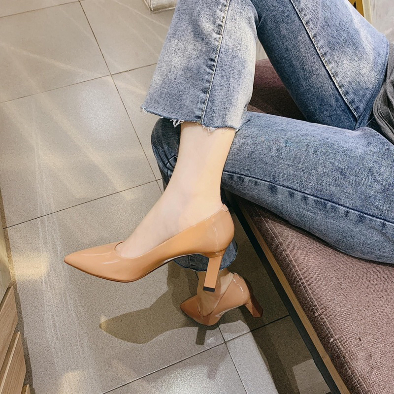 Giày Búp bê cao gót sơn ABS đơn giản, nhẹ nhàng và thanh lịch cao 7P - Giày Bánh Bèo mã Gotson