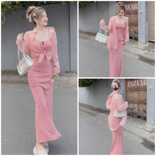 Sét đầm váy nữ váy hai dây body dáng ôm mix áo khoác ngoài với tone màu dễ thương dành cho các nàng đi chơi, hẹn hò xinh