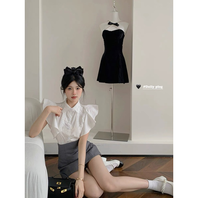 Áo sơ mi cánh tiên ngắn tay có ren chất vải thô lụa