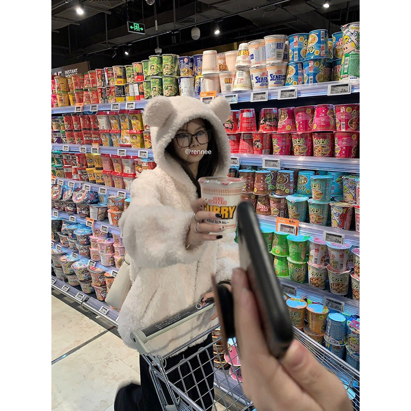 Áo khoác lông hoodie mũ gấu siêu xinh cardigan có khoá kéo oversize form rộng dấu quần ulzzang thu đông nữ