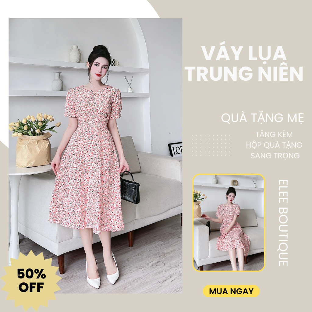 váy trung niên sang trọng cho mẹ chất liệu lụa ý, đầm cho mẹ trung niên thích hợp làm quà tặng mẹ mã B03