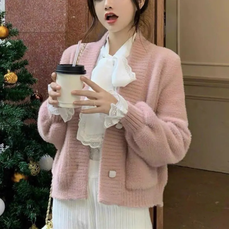 A82 Áo len lông thỏ cúc đá qc 4m , áo len nữ 2 túi thu đông