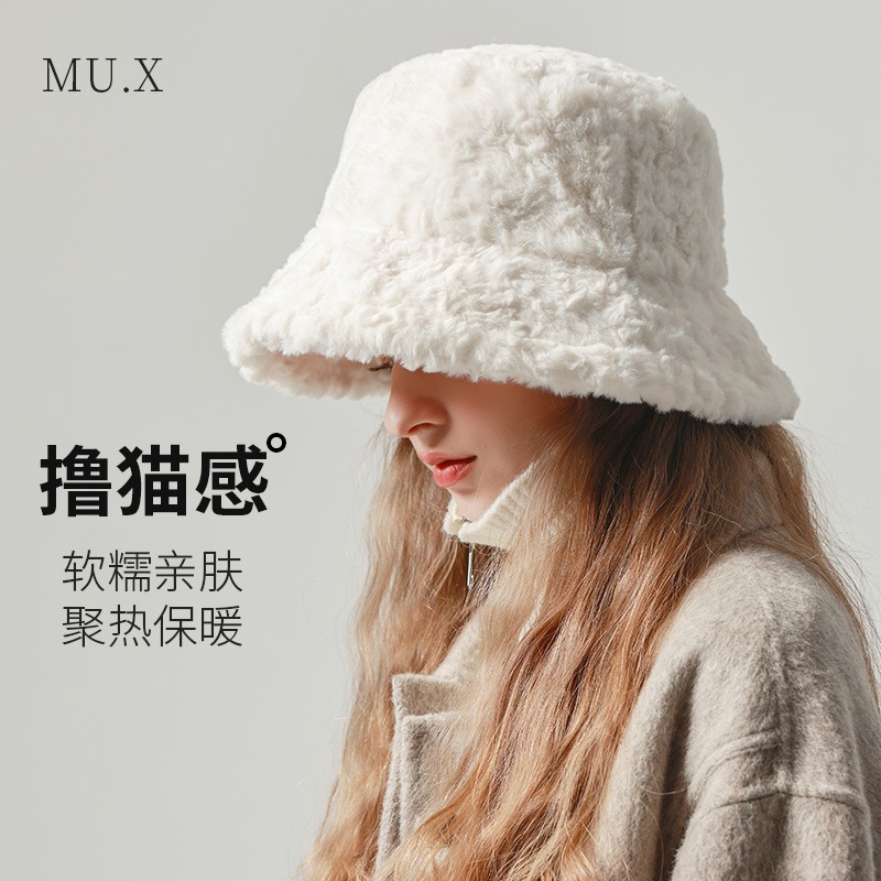 Mũ xô lông cừu nữ dày dặn ấm áp Nón bucket lông cừu Mềm min Chống gió Giữ ấm Thu Đông Mũ xô phủ lông