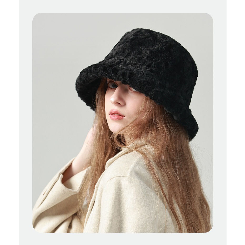 Mũ xô lông cừu nữ dày dặn ấm áp Nón bucket lông cừu Mềm min Chống gió Giữ ấm Thu Đông Mũ xô phủ lông
