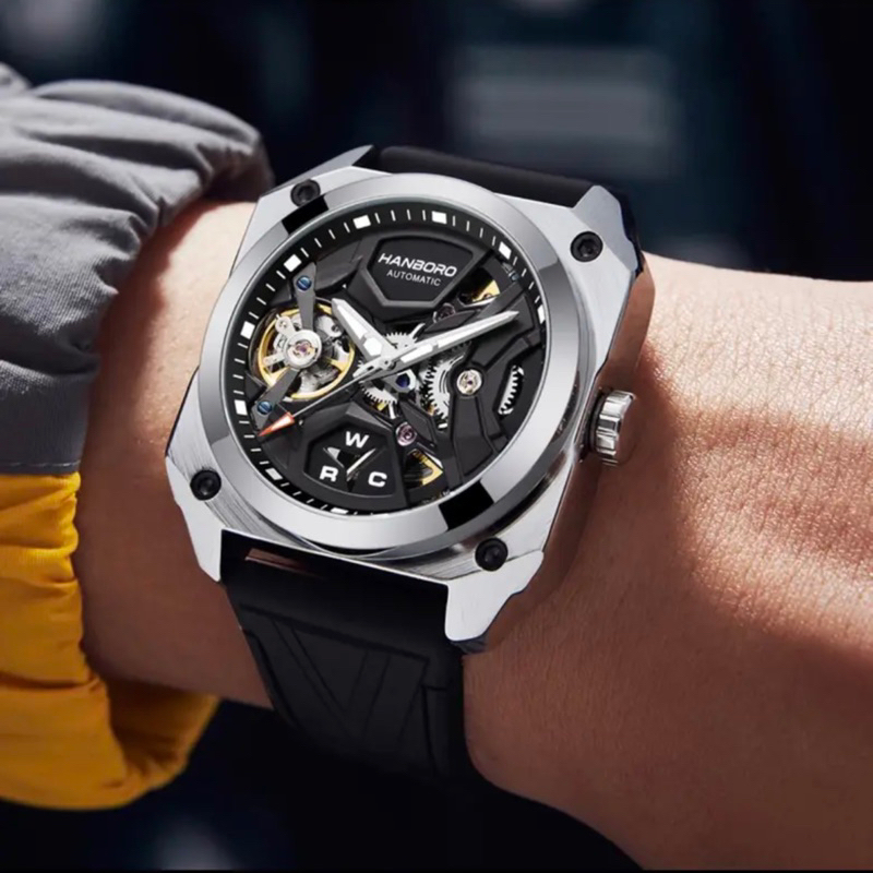 Đồng hồ cơ Hanboro HBR-3870 thiết kế độc lạ dây silicone nhiều màu